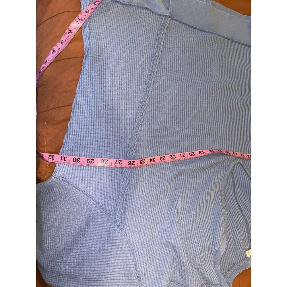Free People Coraline Blue Waffle Knit V-Neck Oversized Pullover Sweater Medium